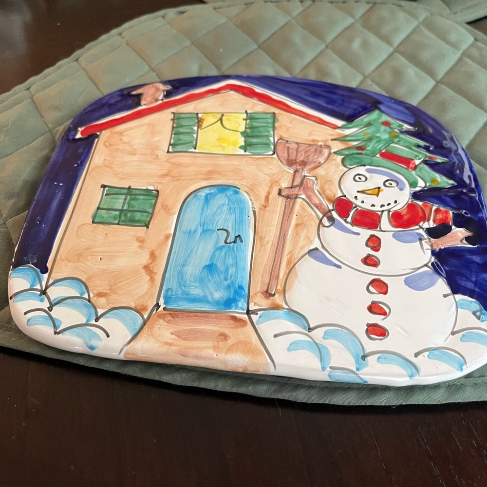 Festive Snowman and House Ceramic Plate made in Italy 8x9